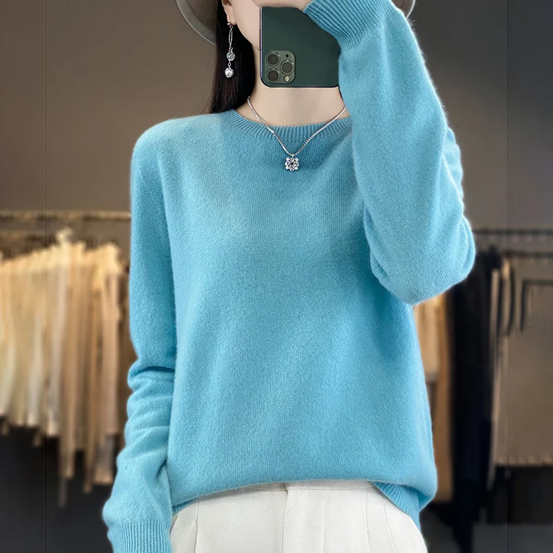 Seamless One Line Sweater 100% Merino Wool Knitted Pullover Women\'s Round Neck Tops Casual Solid Color Long Sleeve Basic Style