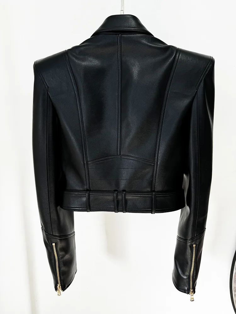 High quality designer fashion shrugged double breasted zipper short women's motorcycle socialite leather jacket