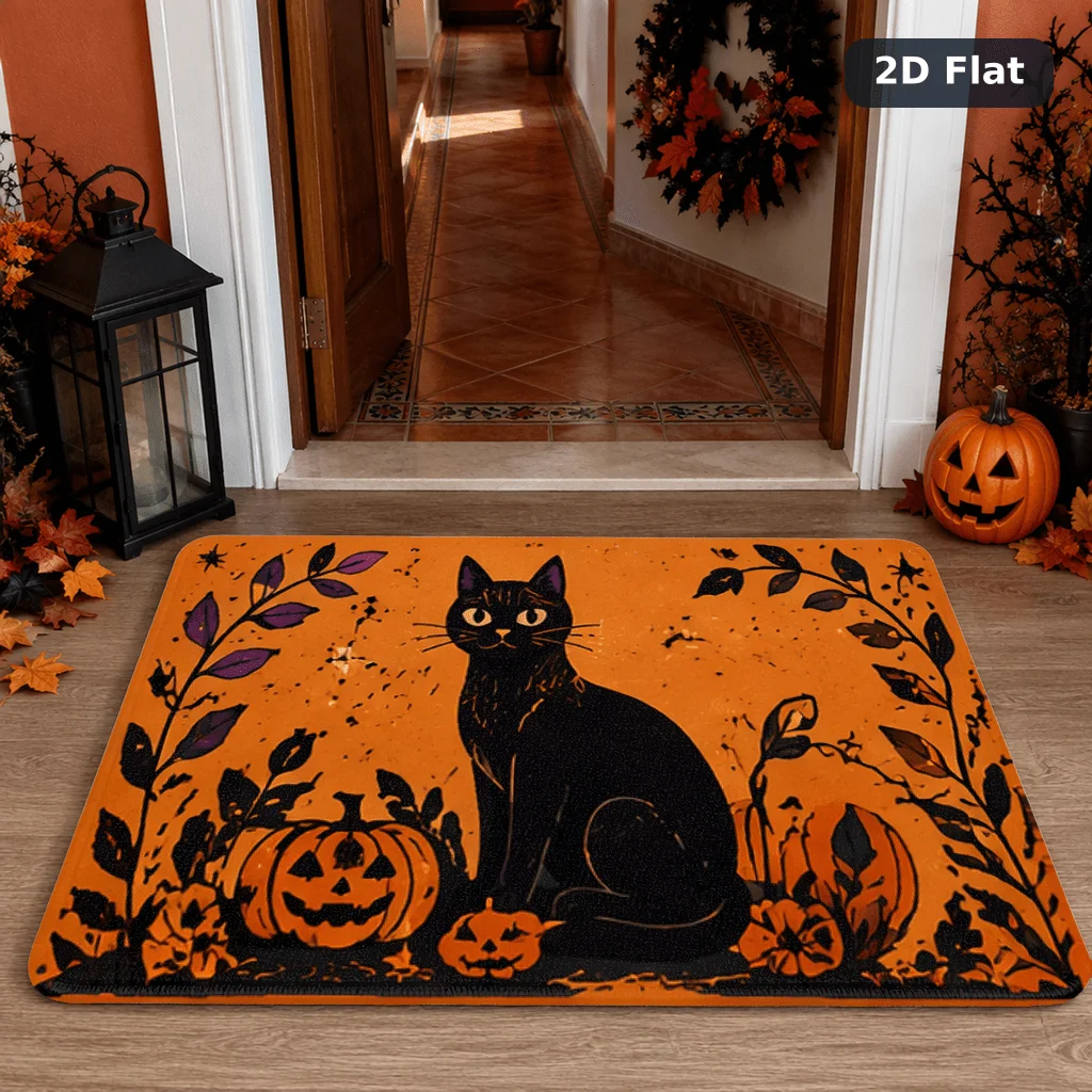 Witch Cat Pumpkin Brew Halloween Carpet Beige Shelf Potion Bottle Autumn Leaf Print Non Slip Soft Mat
