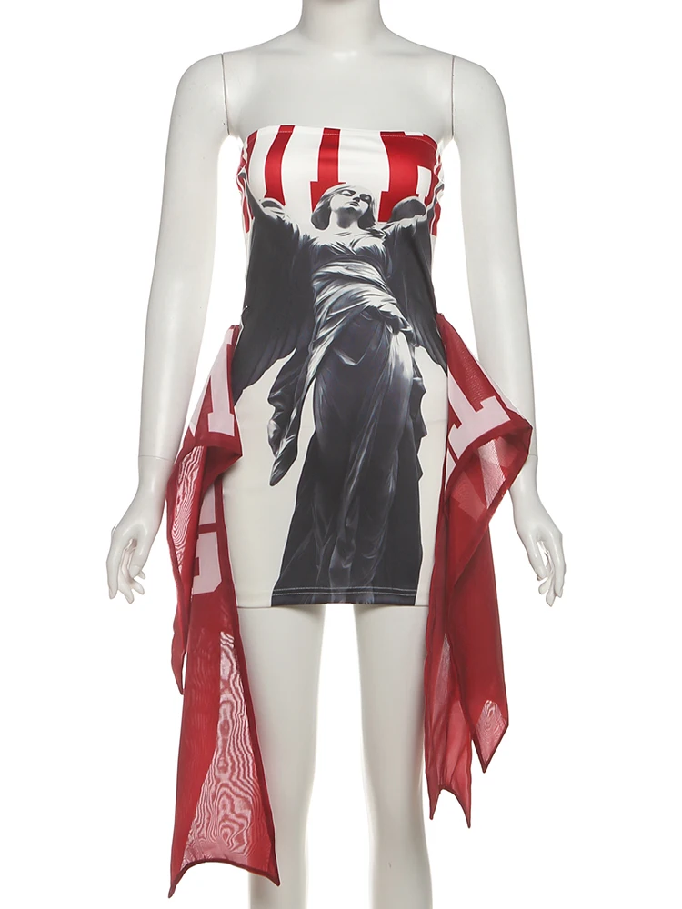 Insglas Wildes rückenfreies Minikleid mit modischem Druck für Damen, sexy, schulterfrei, ärmellos, Fit, Mitternachts-Pfirsich-Hüfte, heiße Mädchen-Stil-Outfits
