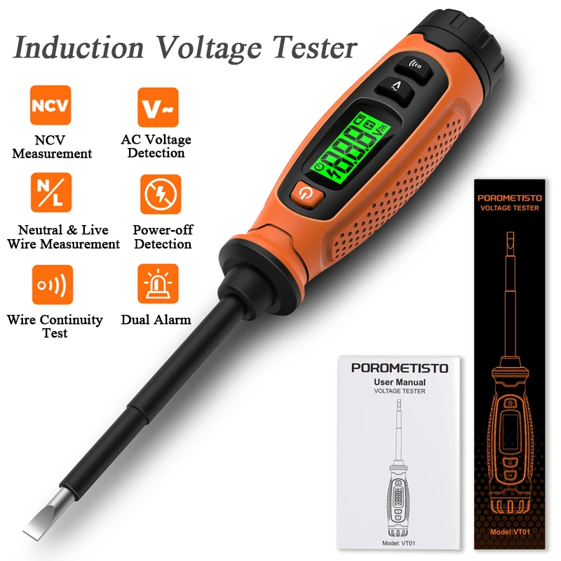 POROMETISTO Digital Voltage Tester Flathead Screwdriver Electrical Induction Circuit Test Pen with LCD Display and Buzzer Alarm
