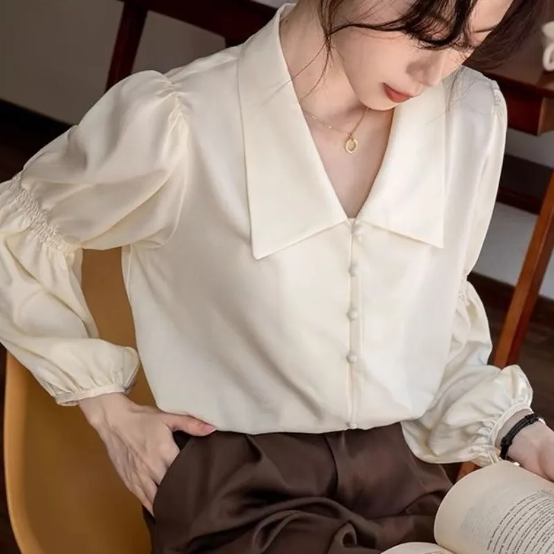 Women Autumn Vintage Simplicity Solid Color Polo-Neck Long Sleeve Chiffon Shirts Ladies Fashion All-match Appear Thin Trend Tops