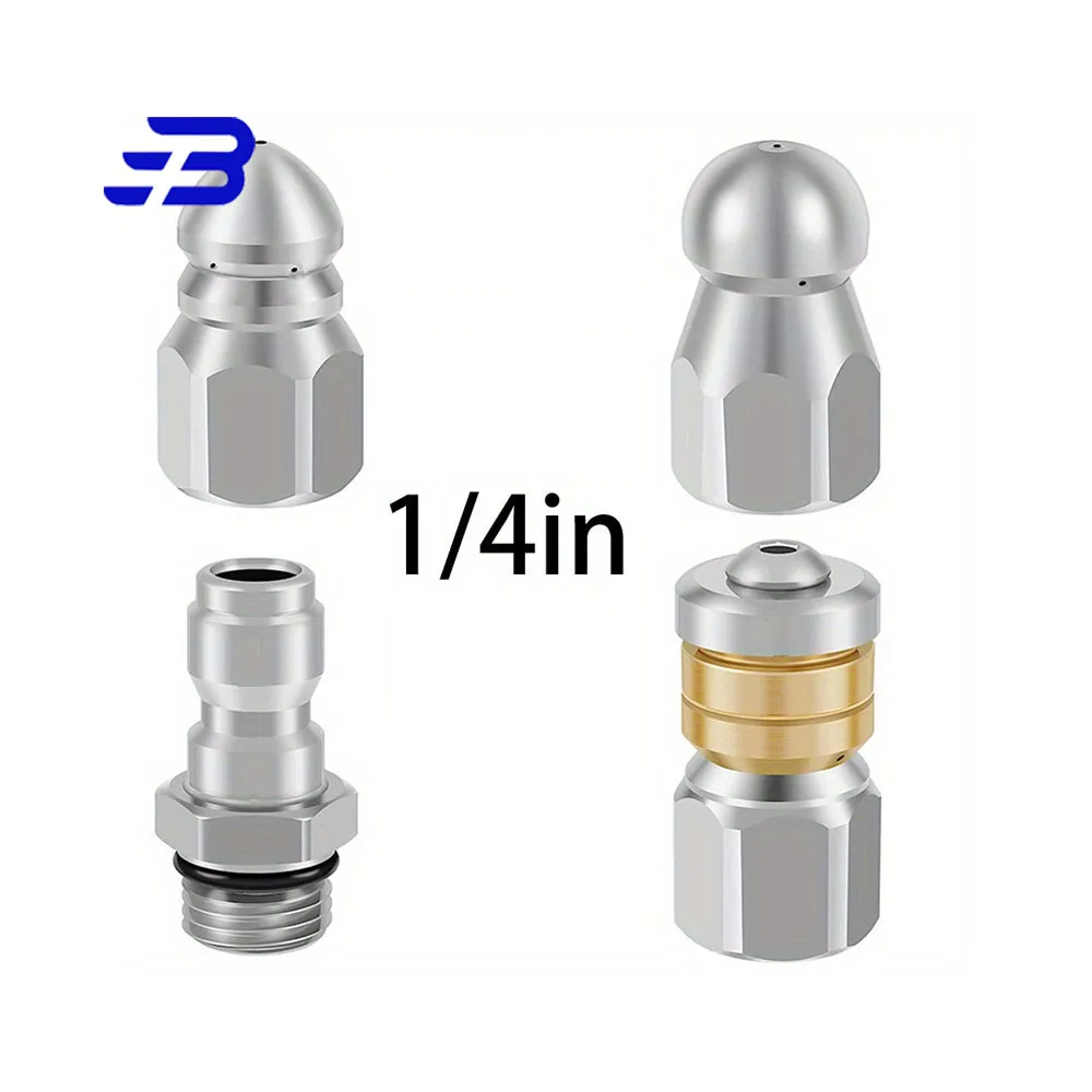 4pcs Pressure Washer Sewer Jetter Nozzles, Pointed, Rotating And Corner Jetting Sewer Nozzle,Stainless Steel,1/4 Quick Connector