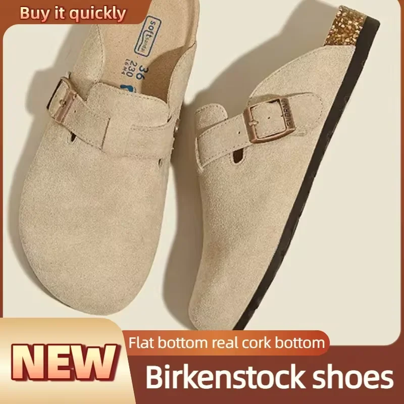 Women's Summer Vintage Suede Wood Clogged with Cork Insole Arches Support Comfortable Outdoor Indoor Slippers Stylish Footwear