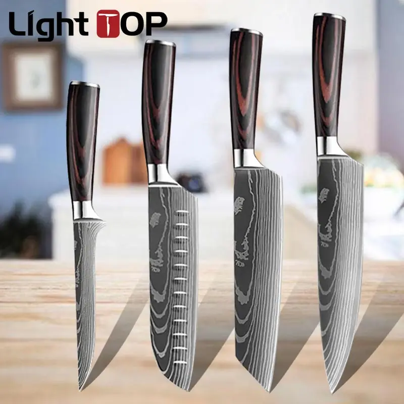 

Forged Kitchen Knives Set Stainless Steel Damascus Pattern Chef's Knife Sharp Boning Knife BBQ Tools with Coloured Wood Handle