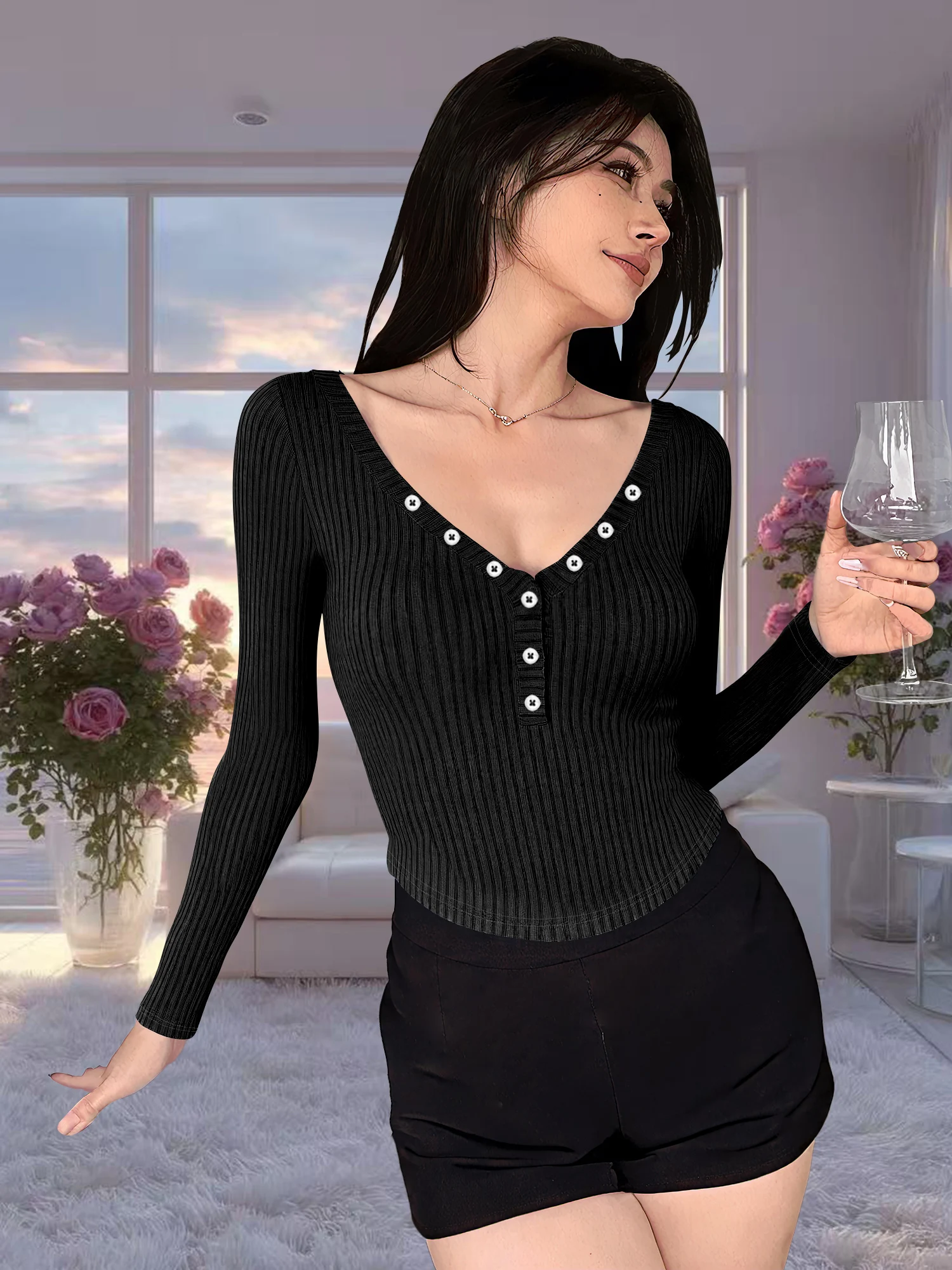 Professional Curved‑Hem Fitted Blouse, Vertical‑Rib Partial‑Button Tee for Daily Commute and Workplace Events