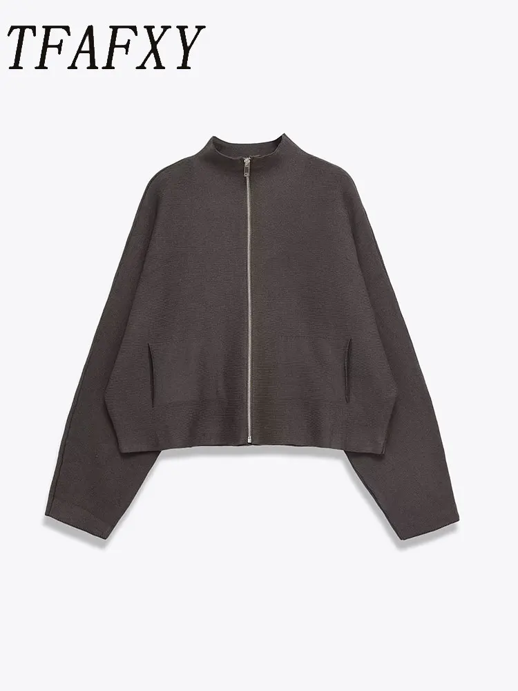 

TFAFXY Knitted Women Cardigan 2025 Autumn Batwing Sleeve Turtleneck Zipper Short Sweater Female Crop Top Y2K