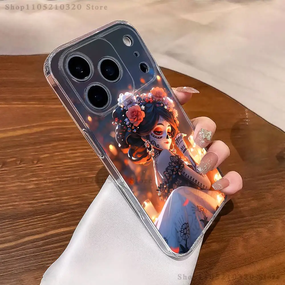 Skull Girl Catrina Mexican Phone Case For iPhone 17,16,11,15,13,14,12,Air,Mini,Plus,Pro,Max,Plus,E Clear Soft Shell