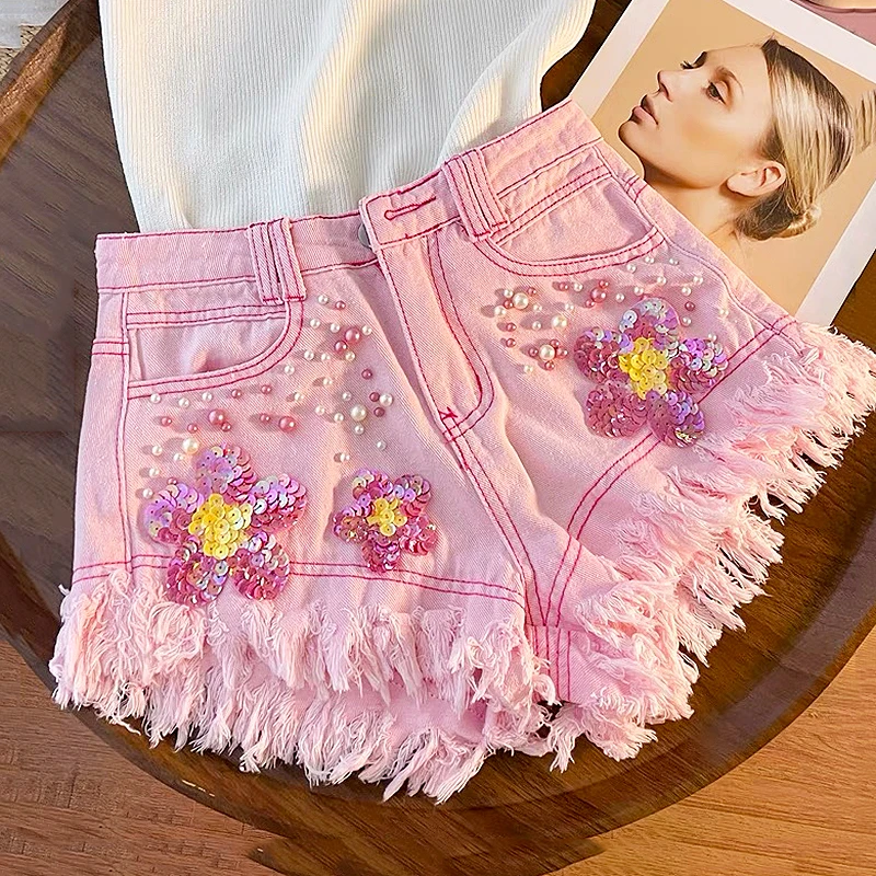 

Luxury Style Pearls Beaded 3D Flowers Stitch Pantalones Cortos Wide Leg Shorts Women's Short Jean Pants Short Trousers SL073