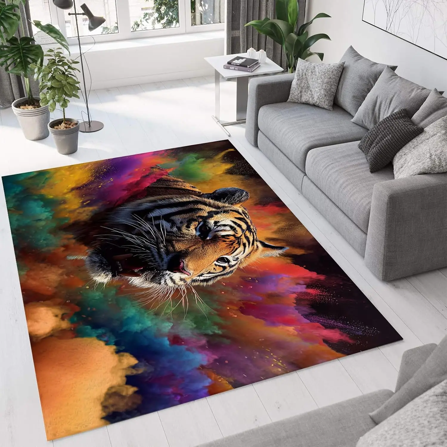 Colorful Smoke Tiger Rug, Rainbow Ink Blast Wild Animal Abstract Pattern,Non-Slip Washable Mat for Living Room Sofa Dining Decor