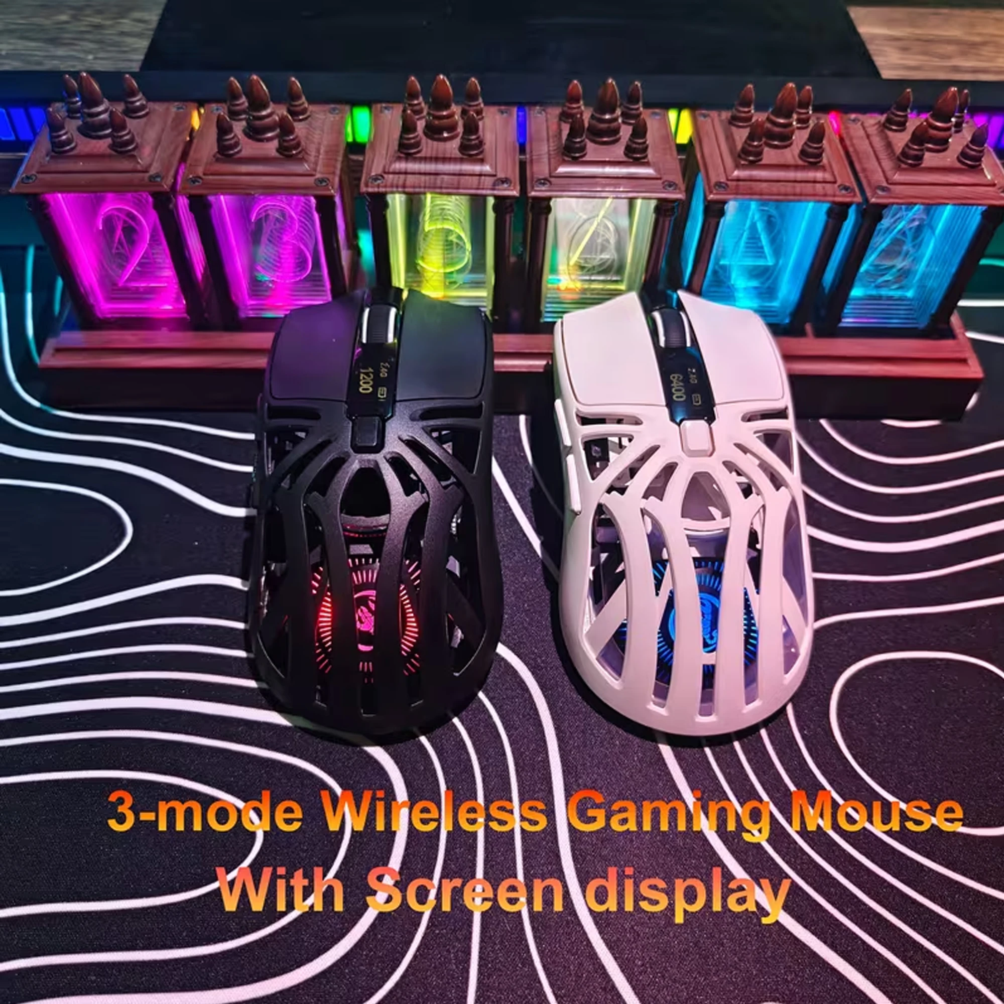 

Portable 3-Mode Gaming Mouse (2.4G+BT+Wired) - 6 Prog Buttons, Compact Ergonomic, Colorful Lights, Screen, for Gaming/Travel