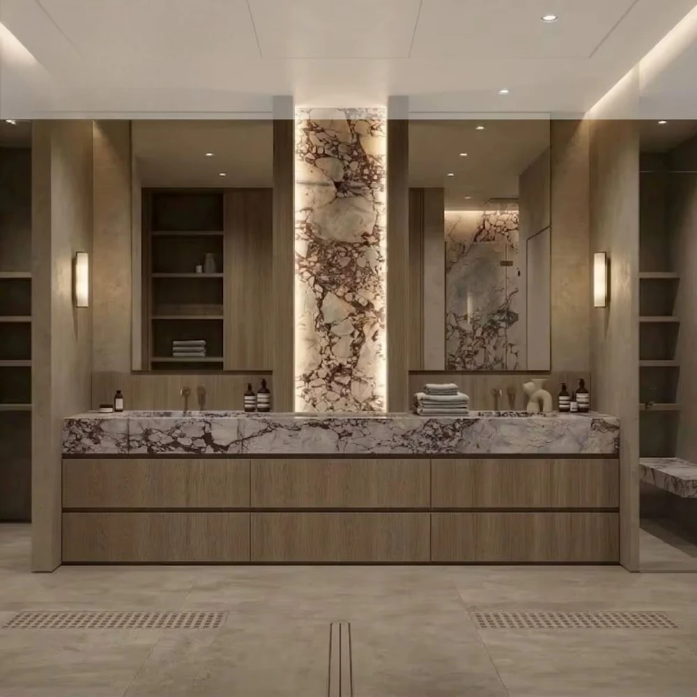 Cotrustone Calacatta Marble Double Vanity Custom Oak Millwork Freestanding Bathroom Cabinet for Villa