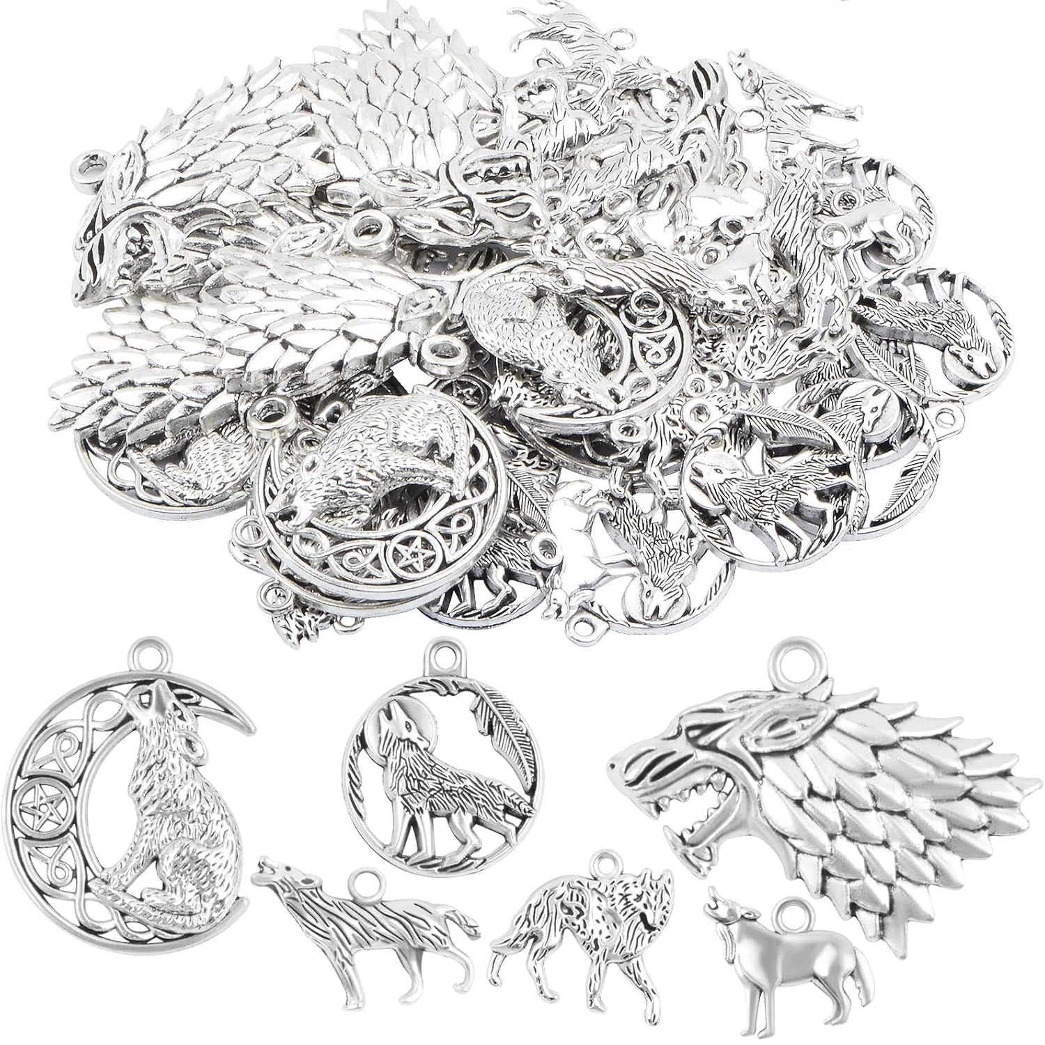 

48 Pieces Alloy Mixed Wolf Shape Charms Tibetan Silver Animal Wolf Head Dangle Pendants for DIY Handmade Projects Jewelry Making