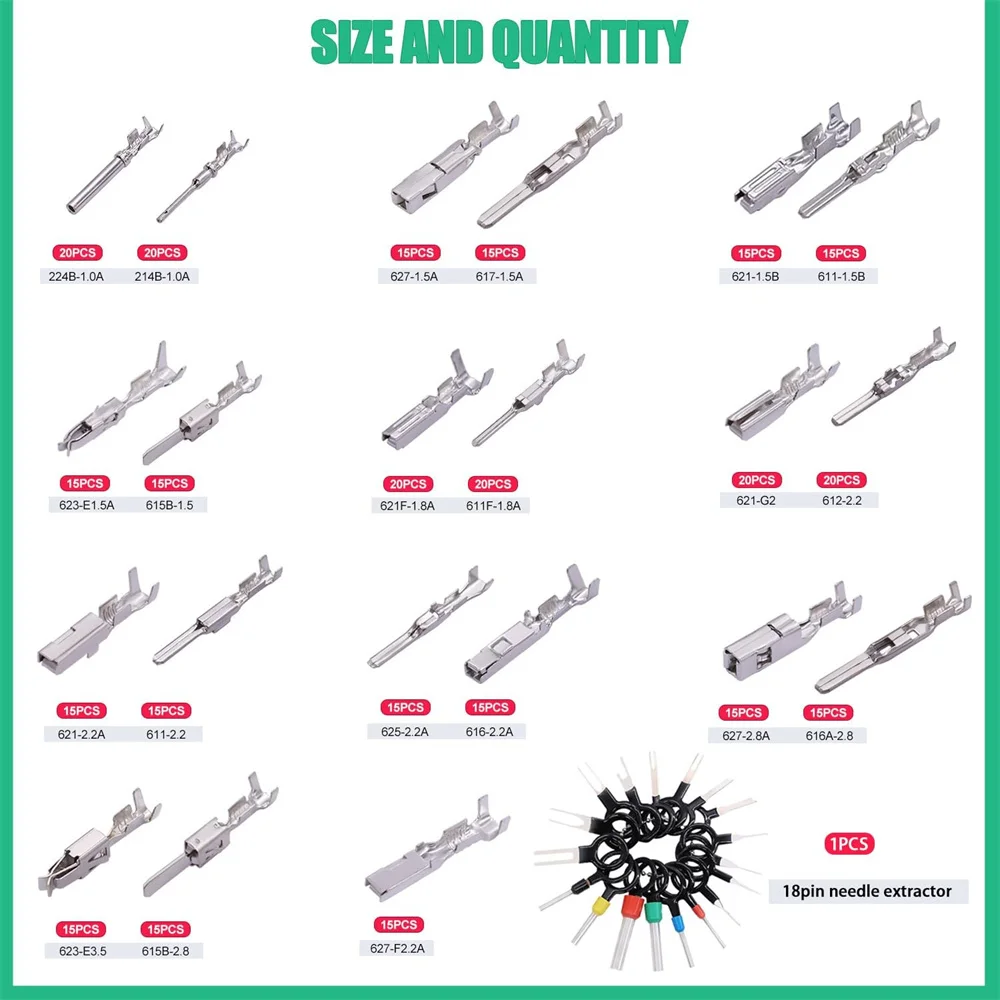 345PCS Car Electrical Wire Terminal Pins Connector, 1/1.5/1.8/2.2/2.8/3.5mm Electrical Wire Pins, 21Type Male Female Crimp Pin
