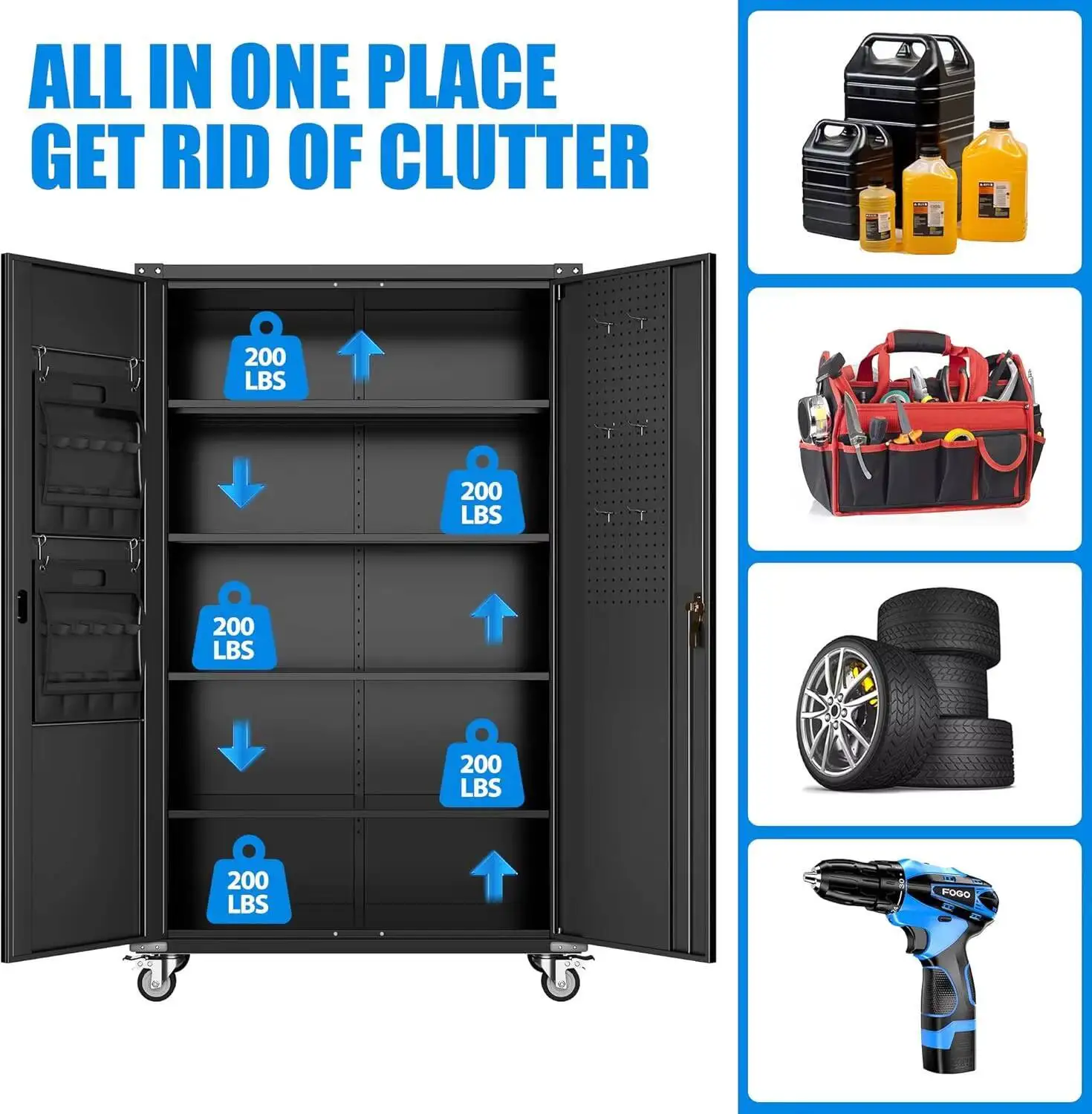 خزانة تخزين جراج كبيرة جدًا من أوبابو على عجلات، وخزانة تخزين معدنية مع 4 أرفف، و3 ألواح بيجبورد وحقائب أدوات لـ Ho