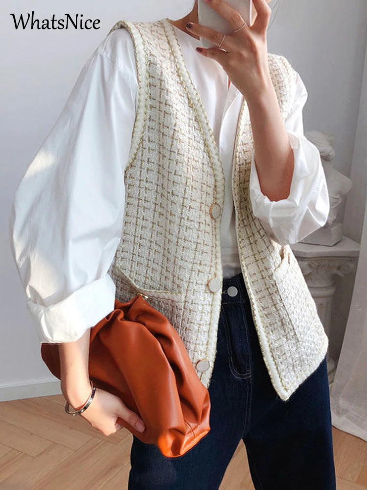 

New Fashion French Retro Small Fragrance Sleeveless Cardigan Women Vest Female Office Ladies OL Nice Plaid Vests Casual Clothing