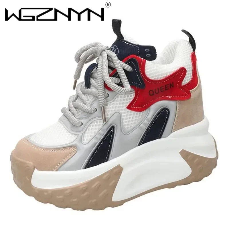 Fashion Med Heel Sneakers for Women 2025 New Hot Sale Autumn Rubber Ladies Shoes Lace-up Air Mesh Womens Vulcanize Shoes Zapatos