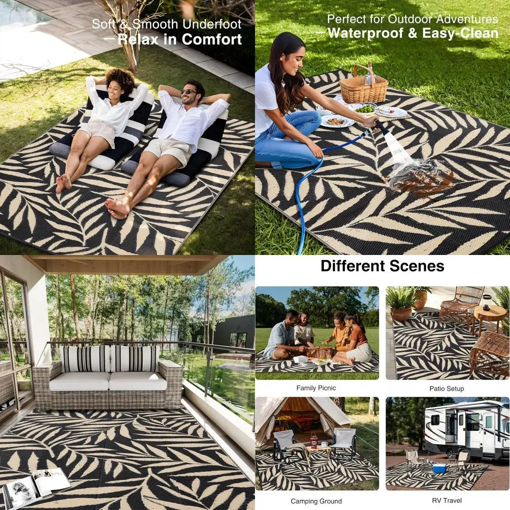 

Двусторонний уличный коврик 6x9 футов с дизайном листьев, водонепроницаемый пластиковый соломенный коврик для патио, кемпинга, террасы и многого другого черного и бежевого цвета