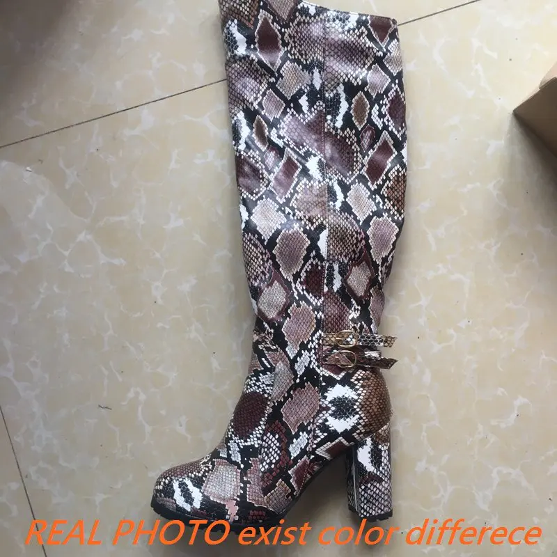 REAVE CAT Women Knee Boots Round Toe Pattern Hight Heels Thick Heel Side Print Big size 34-43