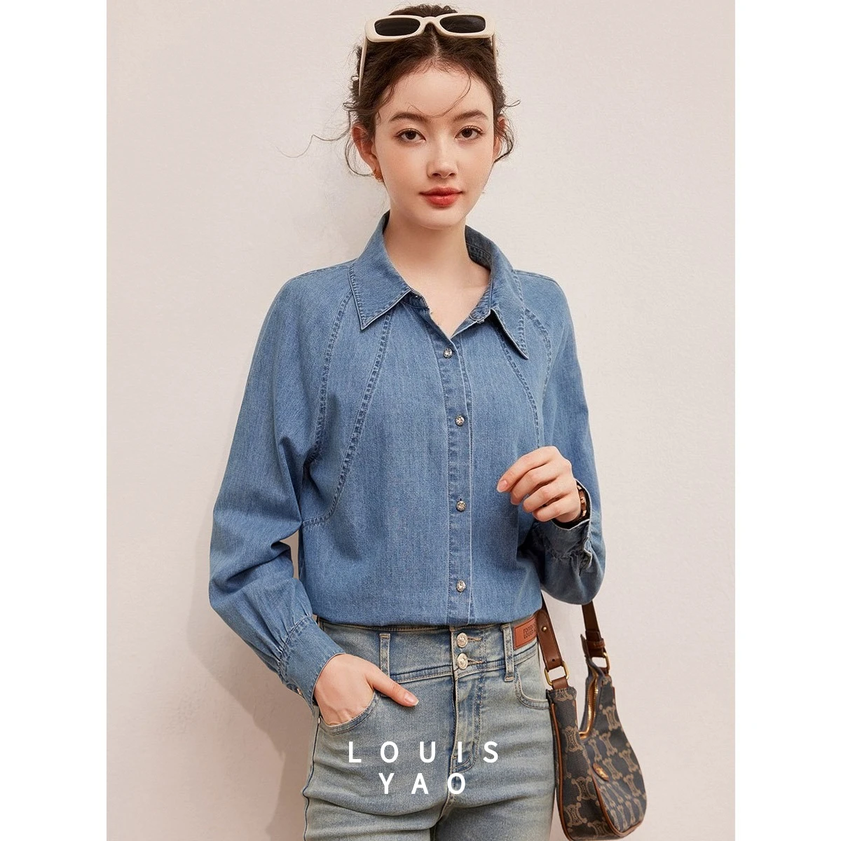 Deconstructed Line Denim Shirt Women 2025 Spring Fashion Lapel Shoulder Sleeve Blouse Casual Non Stretch Streetwear Tops