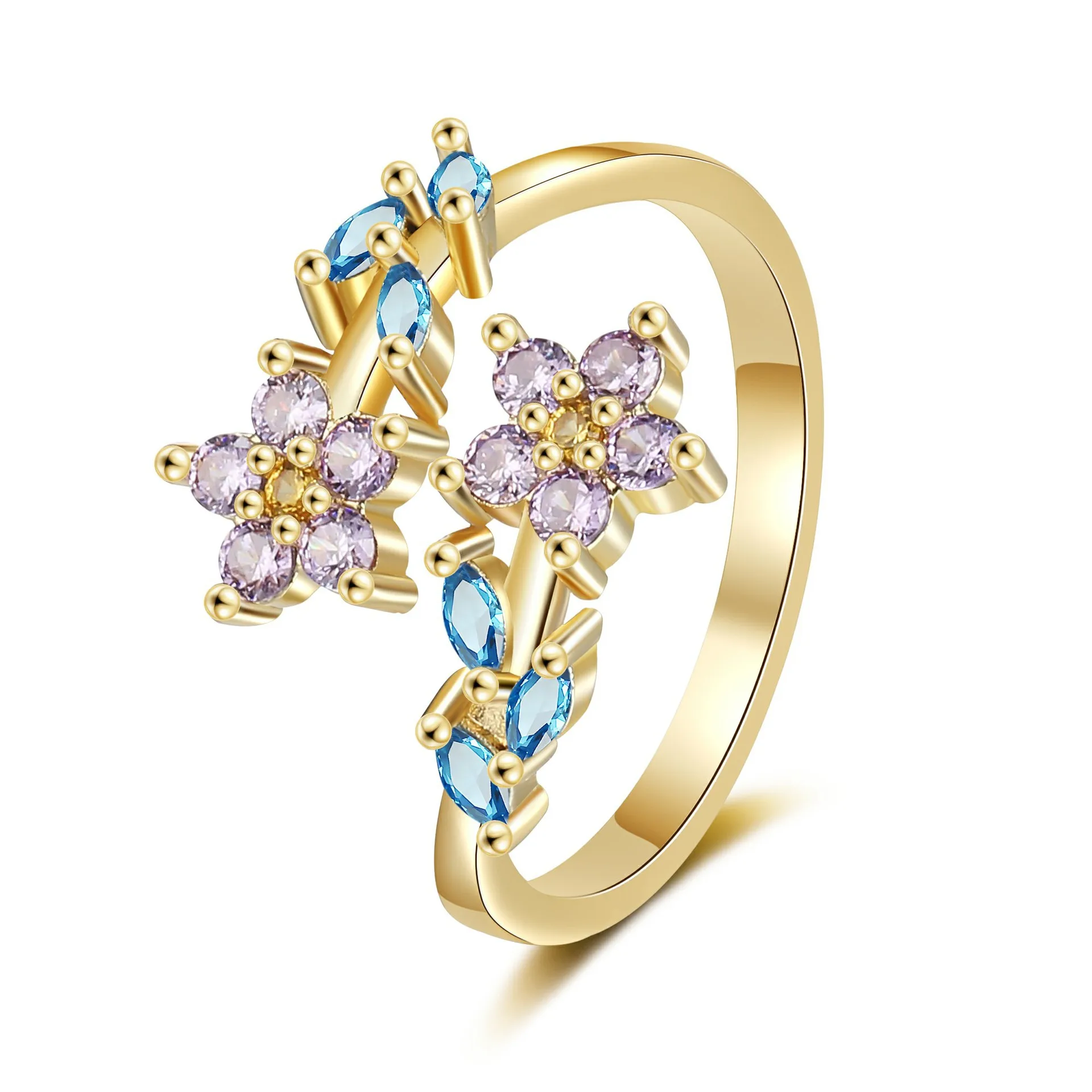 925 Sterling Silver Flower Leaf Rings Women's Fashion Creative Inlaid Zircon Open Finger Ring Jewelry