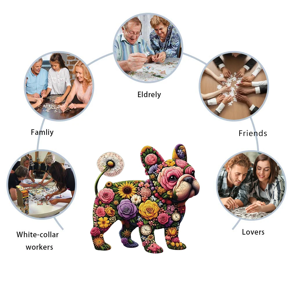 Holzpuzzle für Erwachsene, bunte Blumen-Bulldoggen-Puzzles, besondere Weihnachtsgeschenke für Freunde, Familie, moderne Kunst, Heimdekoration