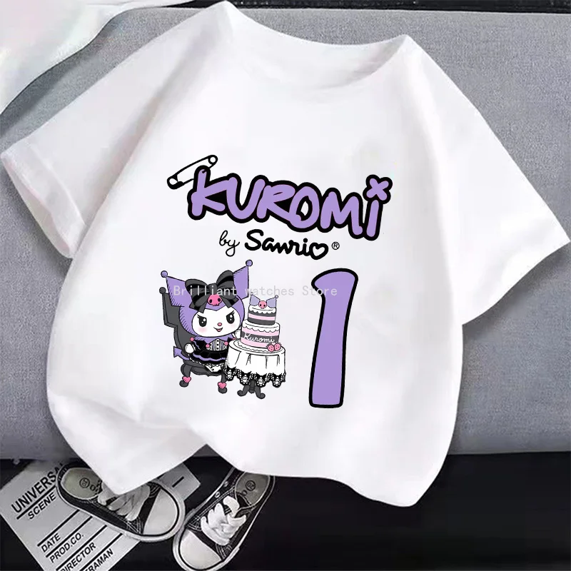 Kuromi New T-shirt for Children Sanrio Cartoon Figure Black White T-shirt Cute Cotton Short Sleeve Boy Girl Loose Clothing Gift