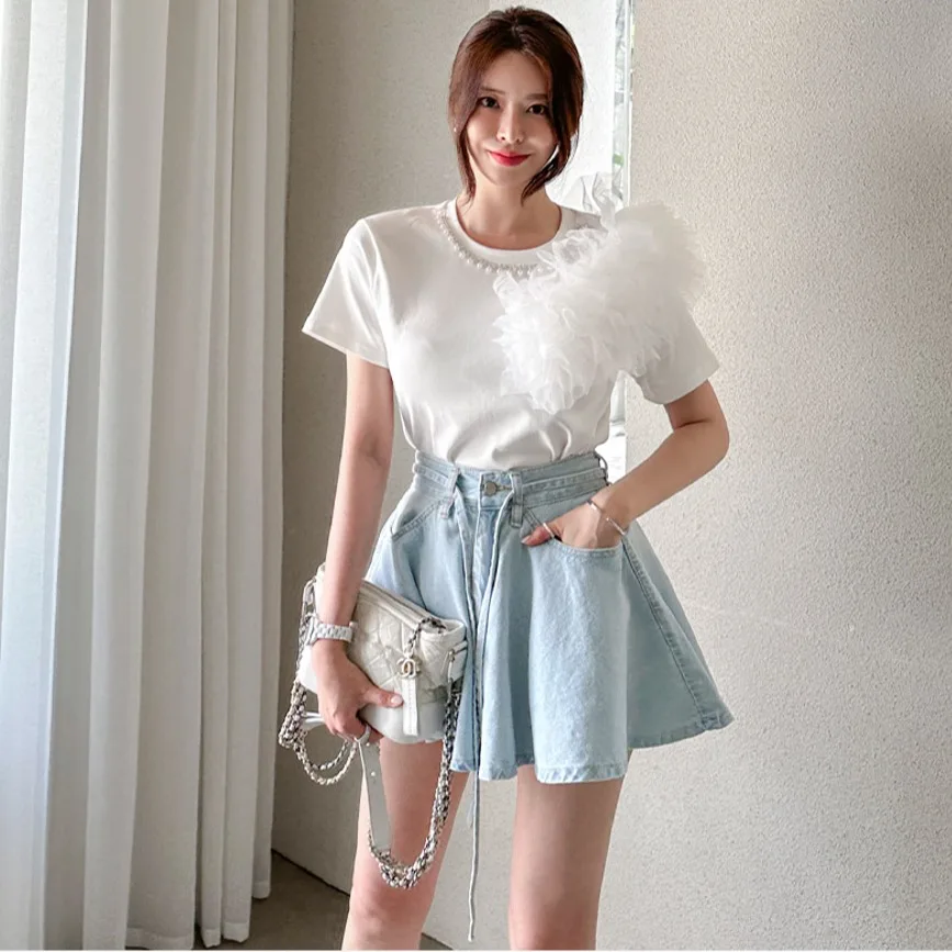 Nimo Home Wide Leg Denim Shorts with Sash Casual Style Pleated Natural Waist Bootcut Jeans Short Length Cotton Material