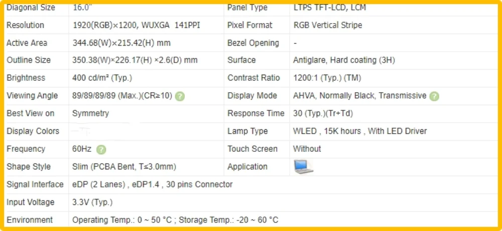 Imagem -03 - Tela de Exibição Lcd Portátil sem Toque Painel Ips Fhd 1920x1200 40 Pinos 160 Polegadas B160uan01.h