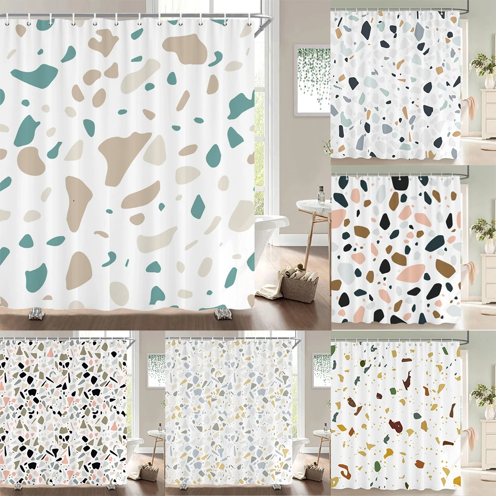 

Small Stone Printed Shower Curtain Pebble Spots Pattern Bath Curtain Waterproof Bath Screen with Hooks for Home Bathroom Decor