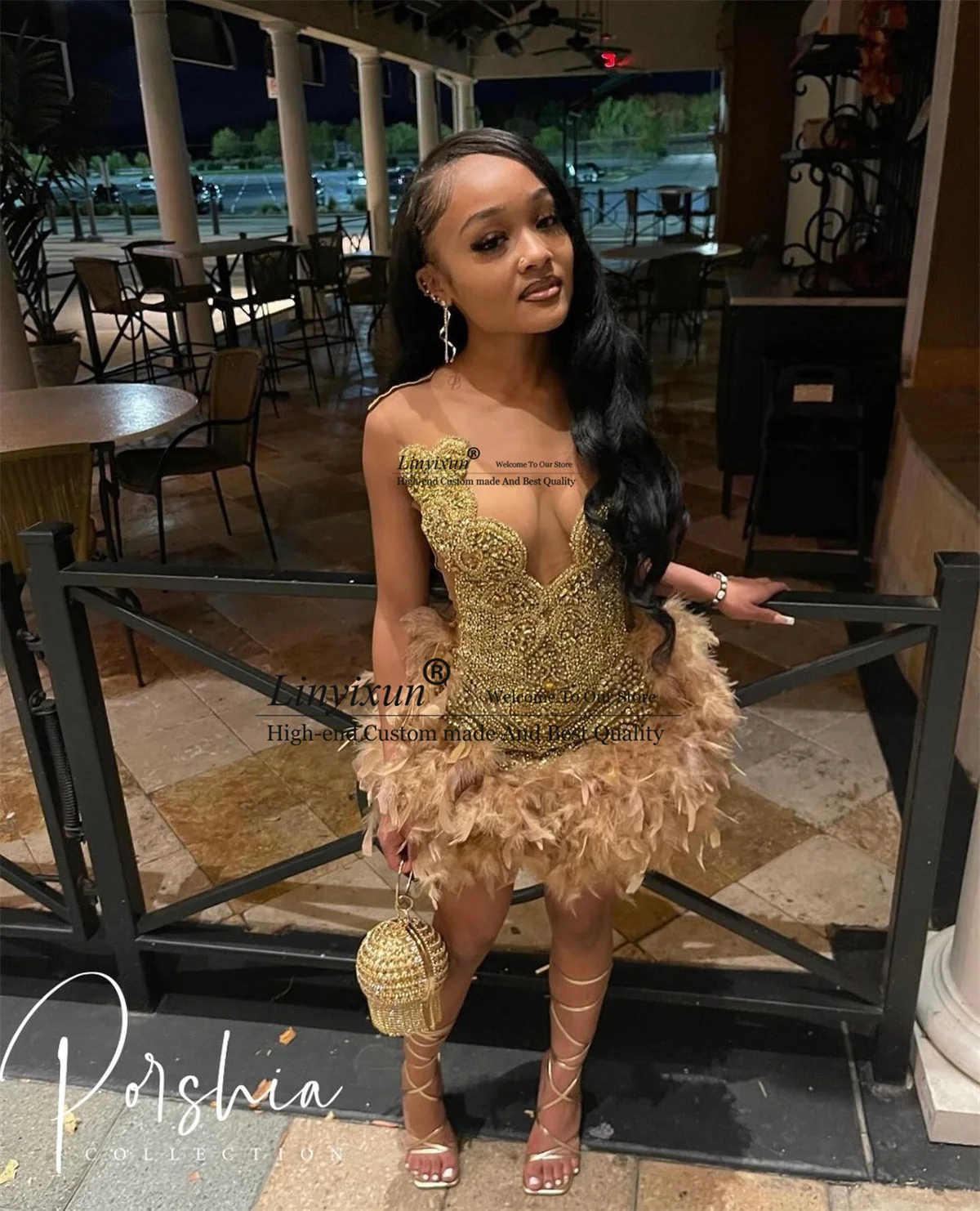 Luxury Beaded Crystal Prom Dress For Black Girls Short Feathers Birthday Cocktail Party Dresses Mini Abiti Da Homecoming Gowns