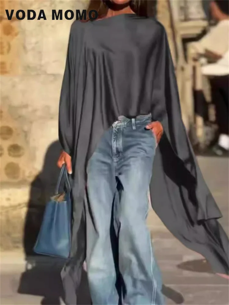 Chemisier et chemises longues pour femmes, couleur unie, ourlet irrégulier, ample, décontracté, manches chauve-souris, col rond, tendance, haut de vacances pour dames