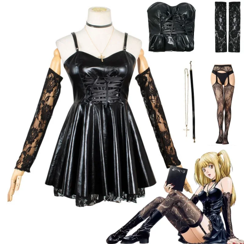 Disfraz de Death Note Misa Amane, conjunto completo de ropa de cuero, vestido Sexy, calcetines con tirantes de encaje, collar, peluca, Halloween