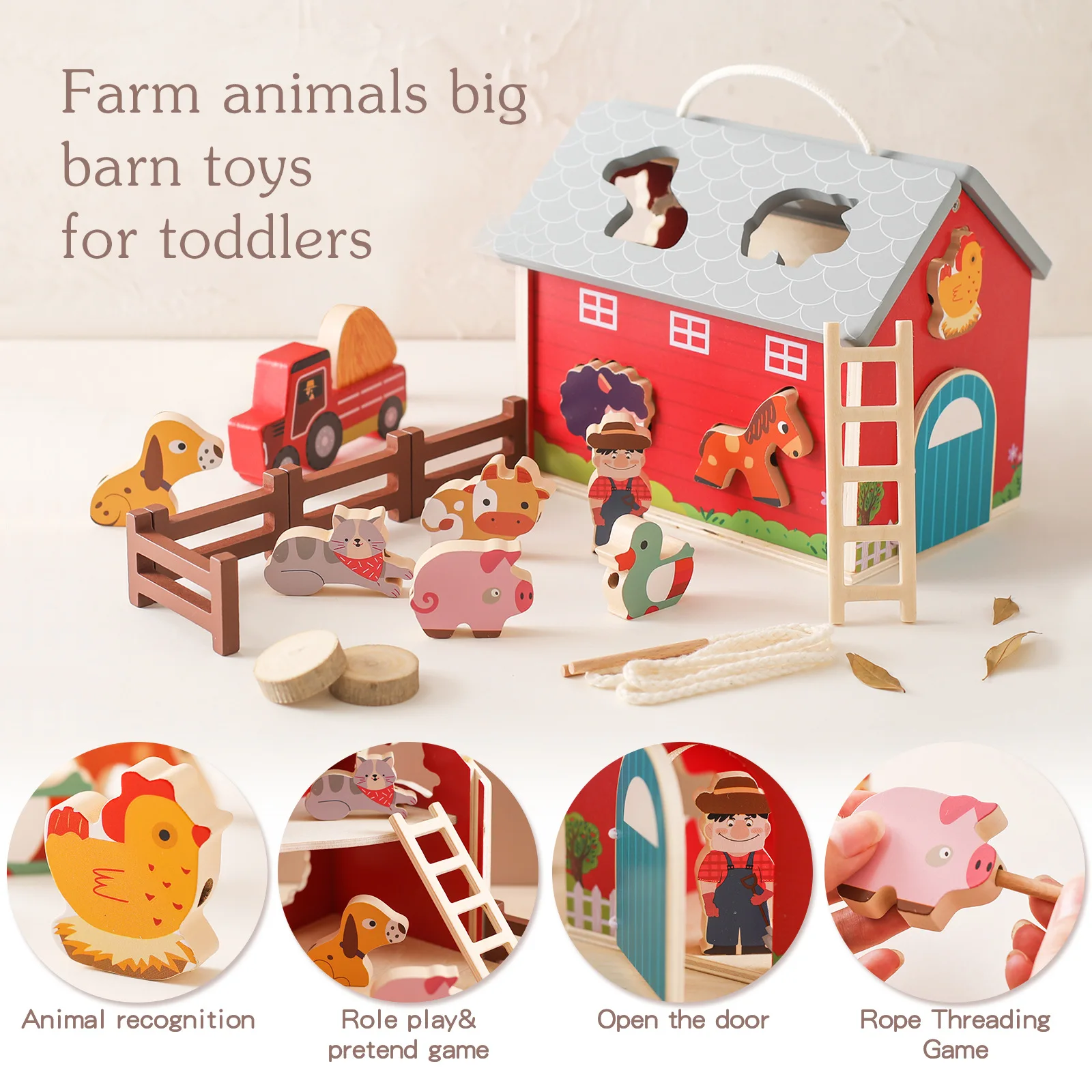 Fram Animal Big Barn Toys Legno Prima educazione Puzzle divertente multifunzionale Giocattoli impilabili per ragazzi e ragazze Regali di Natale