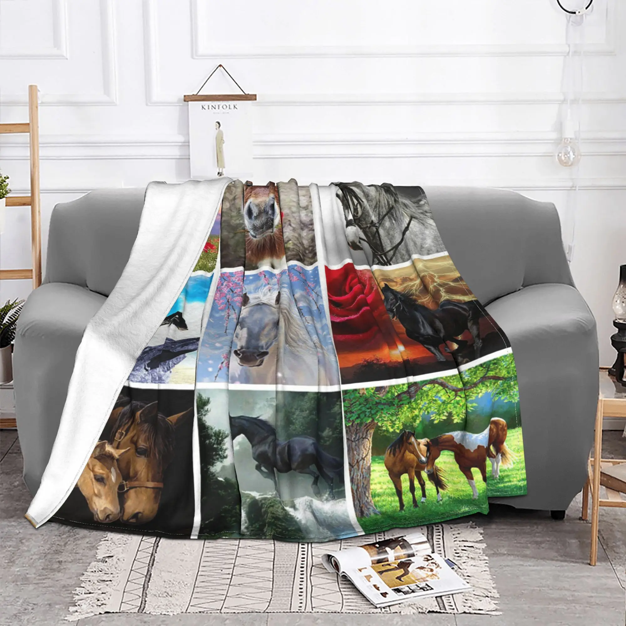 Horse Collage Velvet Throw Blankets Galloping Animal Horses Lovers Blanket for Home Outdoor Ultra-Soft Bedspread