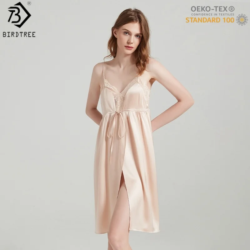 BirdTree, OEKO-TEX, 6A 19MM 100%Silk Pajamas Dresses, Women Plain Satin Lace Sling Dress, Elegant Homewear Nightdress D62205JF