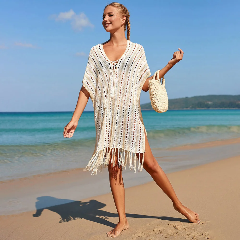 2023 Boho Knitting Swimwear Cover Up Woman Clothing Sexy Hollow Crochet  Deep V Neck Beach Bikini Cover Up Women Summer Dress