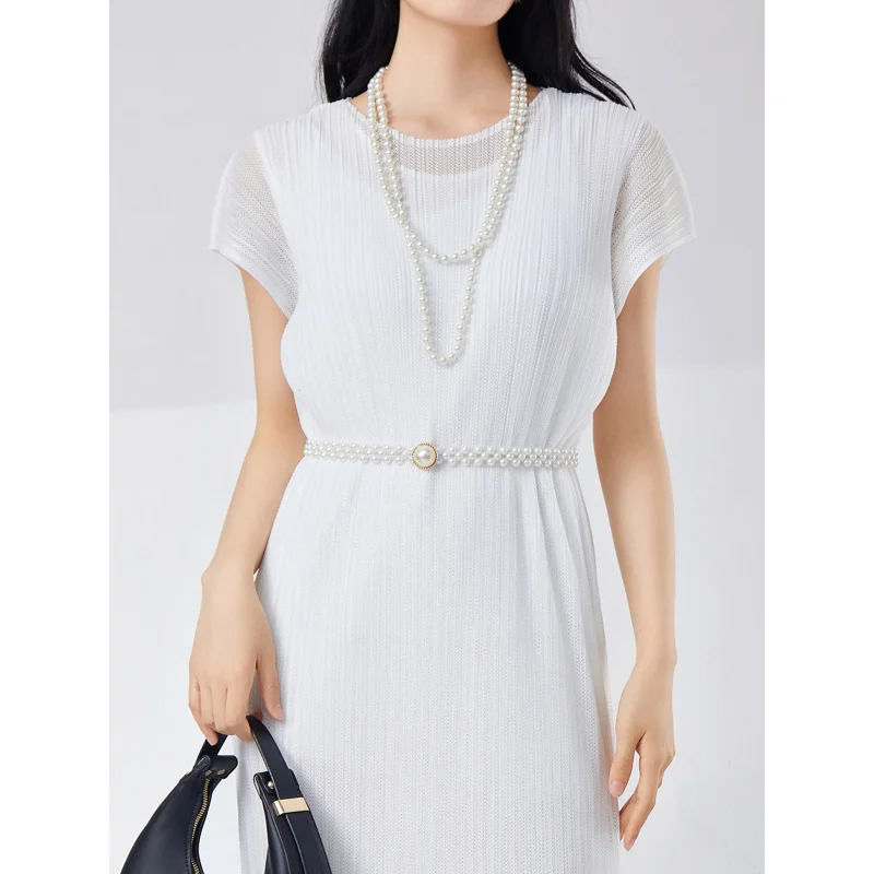 Miyake fada charme vestido feminino malha macia dupla camada respirável branco simples moda saia midi plissada [24321zsj-9947]