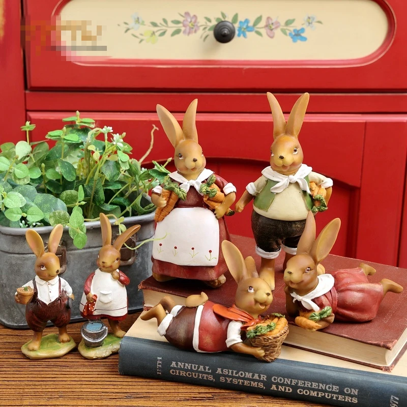 2Pcs Pastoral red labor rabbits couple ornaments cute desktop decoration creative Easter bunny balcony living room furnishings