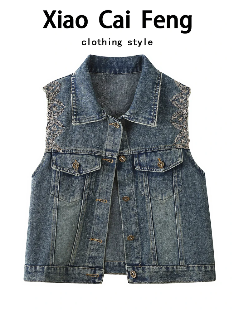 

Retro Embroidered Denim Vest Women's Autumn Faionable Svel Collar Jaet Multi-layered Wear Cotton Blend Material