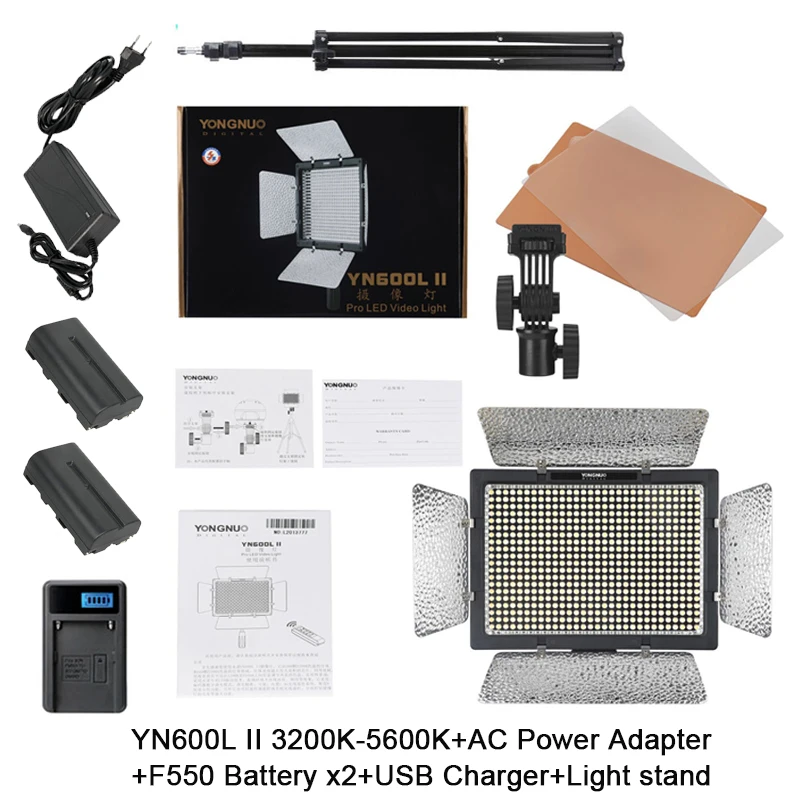 YONGNUO YN600L II LED Video Light Panel with AC Power+battery+charger+light stand Photography Lighting Kit Photo Studio