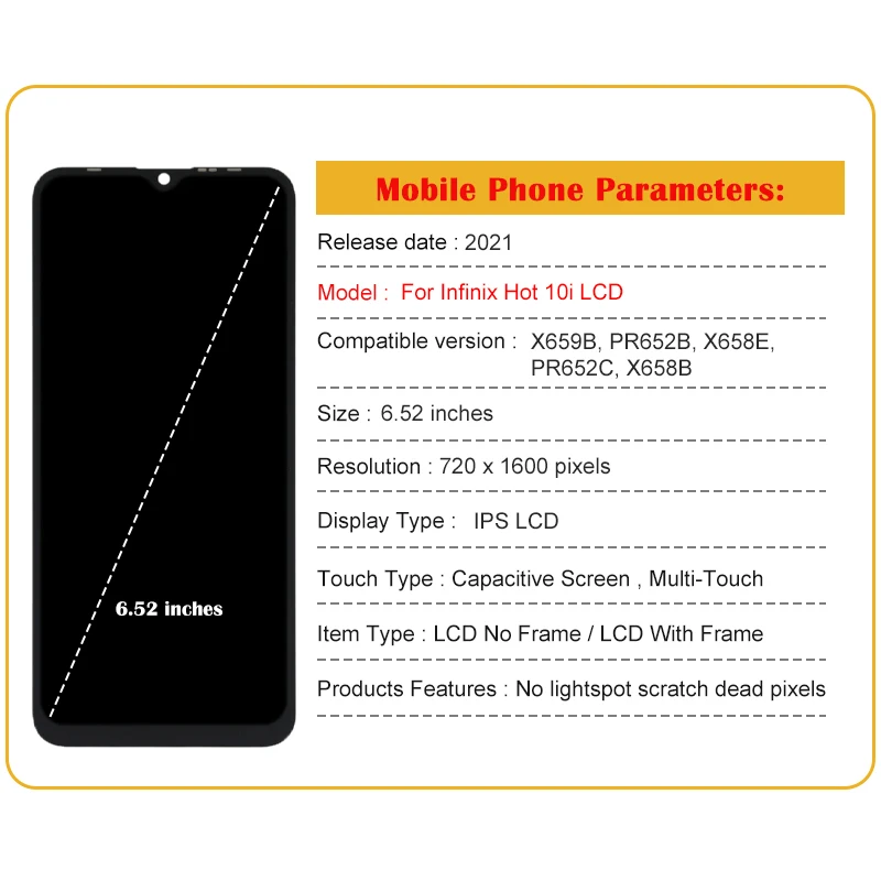 LCD Display Touch Screen Digitizer Assembly for Infinix Hot 10I, X659B, PR652B, X658E, Repair Replacement Parts, 6.52\