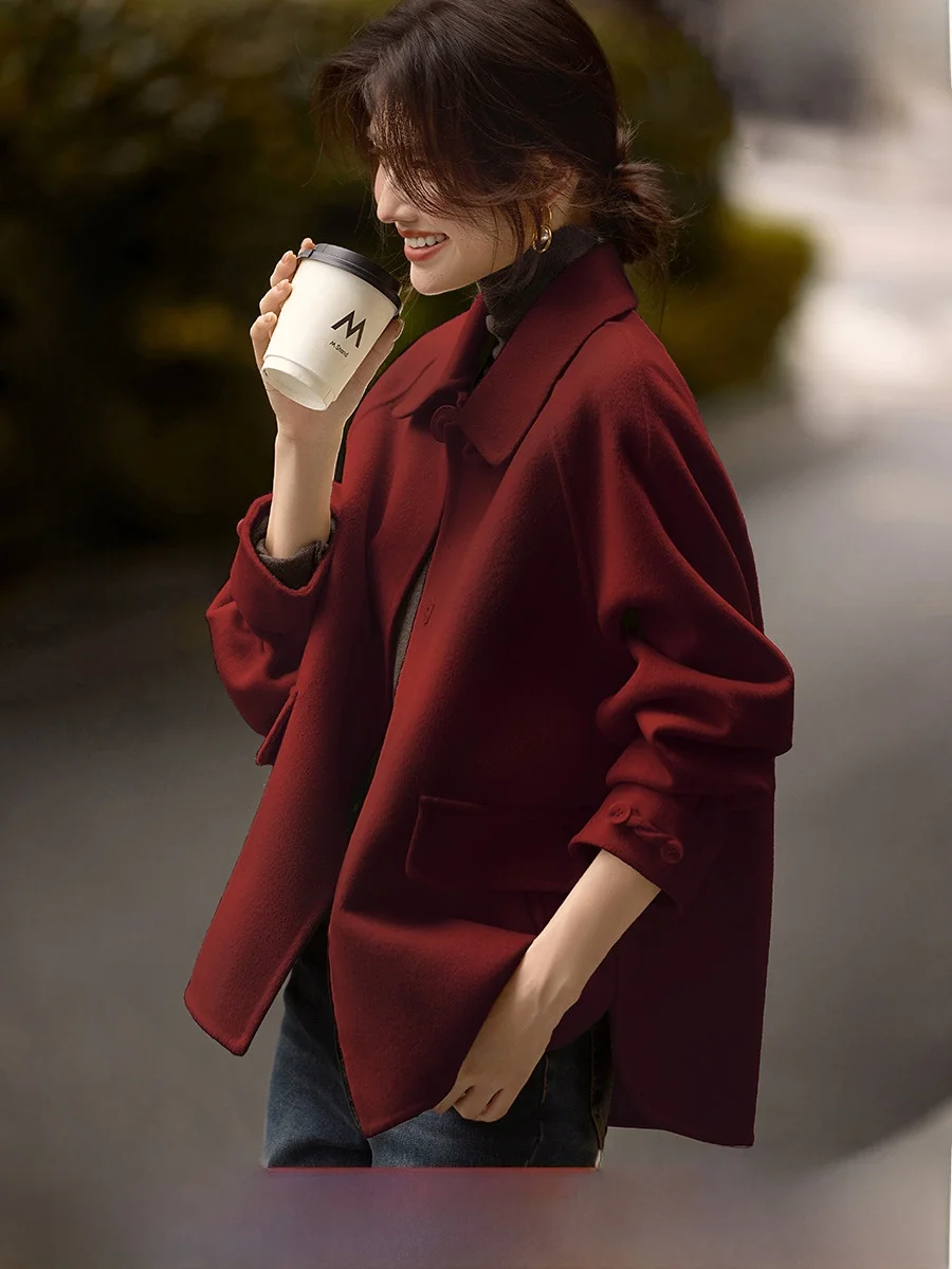 

XWI Chinese Sle Light National Trend Double Face Woolen Coat Women's Autumn Winter Red High-End ort Length Tweed Jaet