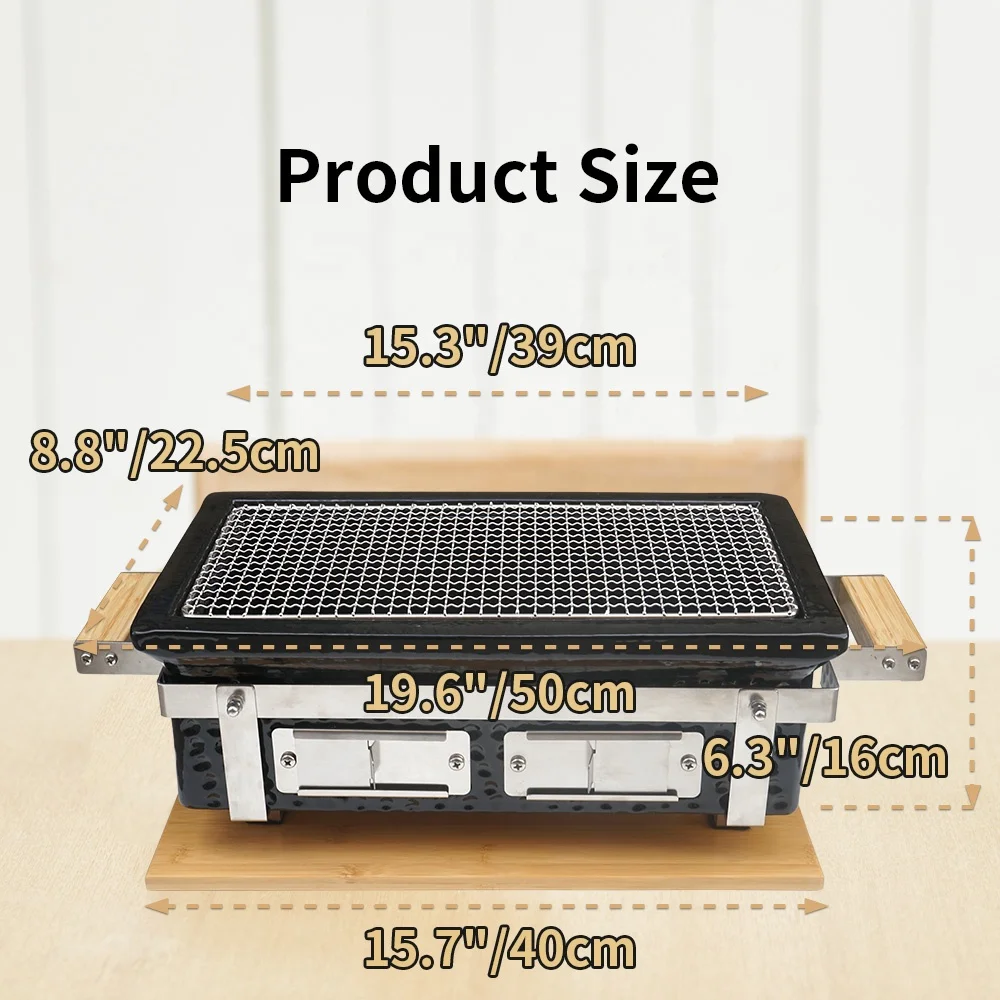 SEB KAMADO Charcoal BBQ Hibachi Grill With Grid Lifter Rectangular Portable Japanese Grill