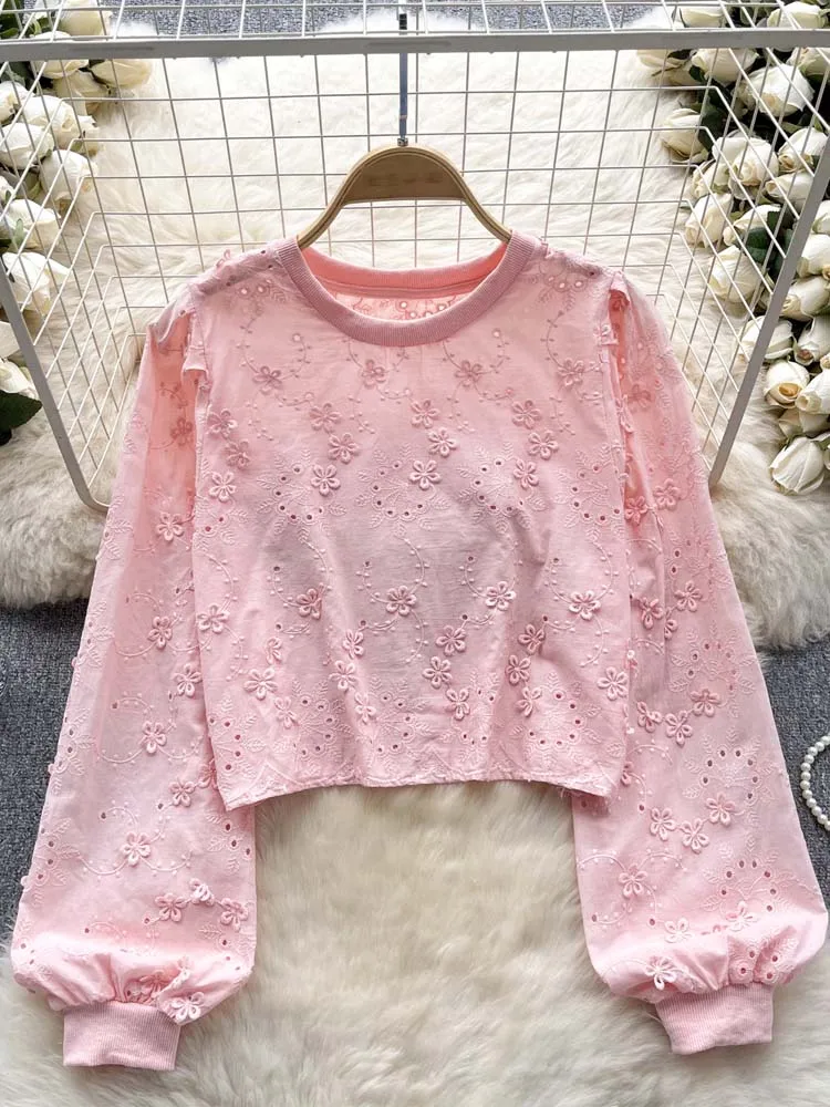 Sweet women's Floral ricamo top 2024 New Hollow out t-shirt Pink Fashion Long lantern sleeve shirt allentata Summer INKEO 4 t078