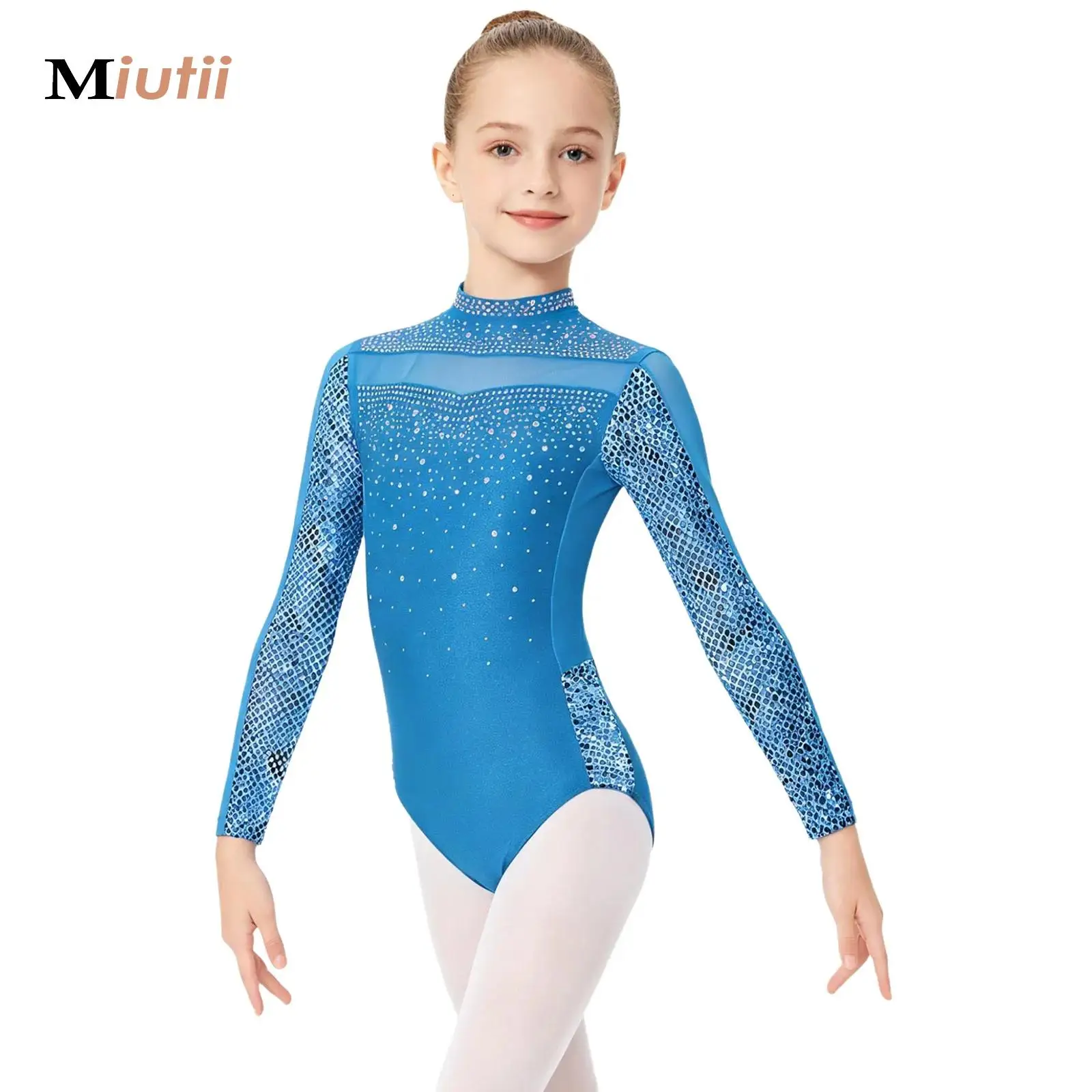 

Teens Child Sparkly Rhinestones Gymnastics Ballet Jersey Leotard Mesh Bodysuit Jumpsuit Figure Skating Training Performance Wear