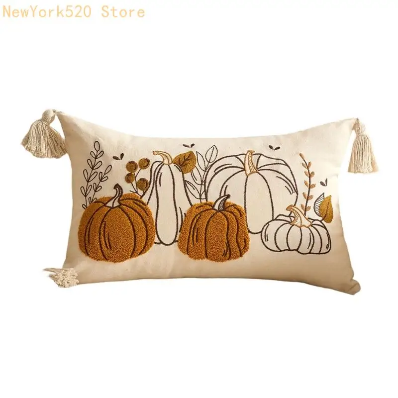 Sofa Pillow Case Thanksgiving Decoration With Pumpkin Maple Embroidered Pattern Soft Living Room Cushion Cover N84C