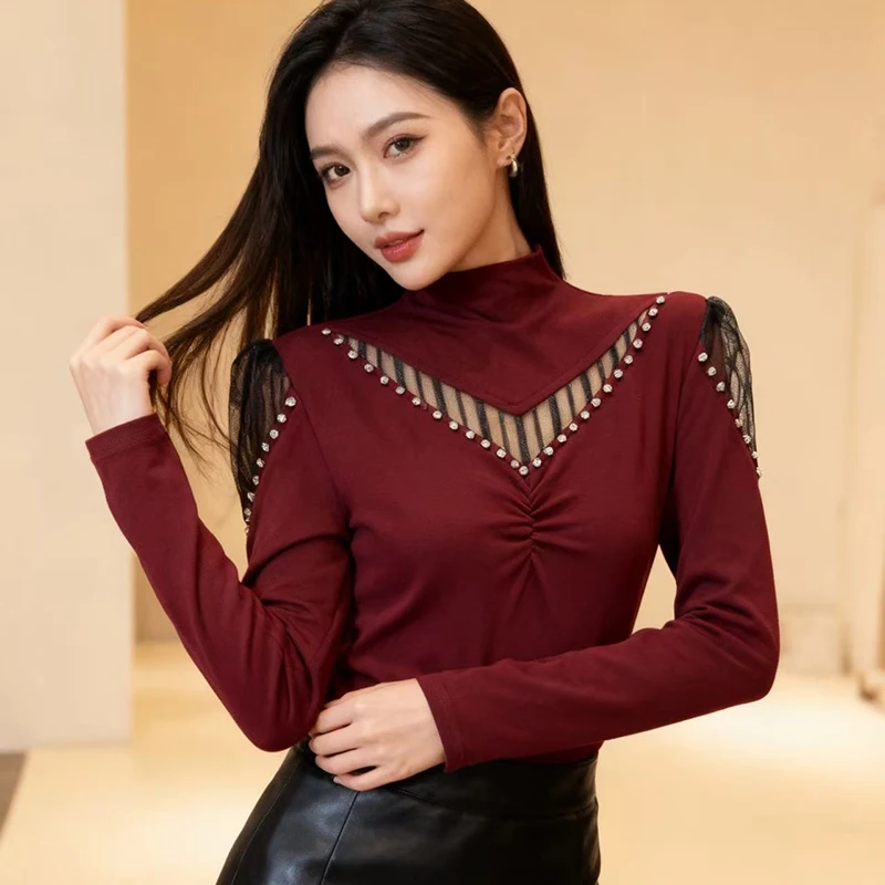 

Korean,Style,Fall,Winter,Thick,Warm,T-Shirt,Fashion,Sexy,Mock Neck,Patchwork,Mesh,Diamonds,Women,Tops,Long Sleeve,Tees,5112002