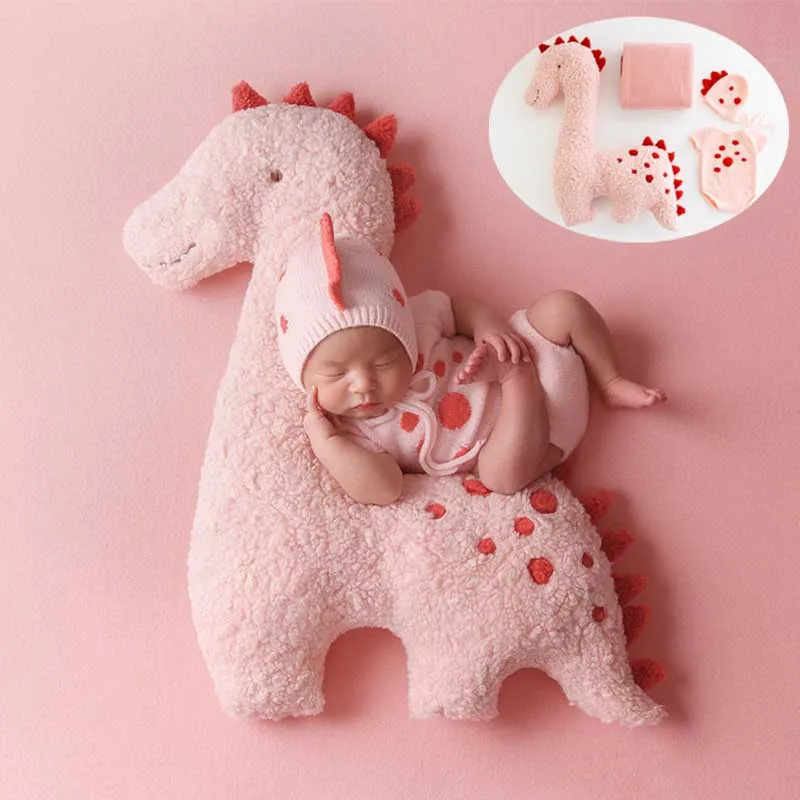 pink-dinosaur-theme-newborn-photography-clothinghat-doll-blanket-jumpsuit-outfit-setfor-infant-studio-shoot-props-accessories