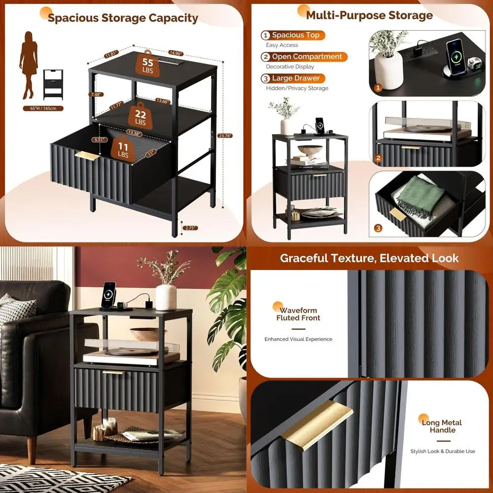 

Pair of Black Nightstands with Charging Stations, Ideal for Bedrooms or Kids' Rooms